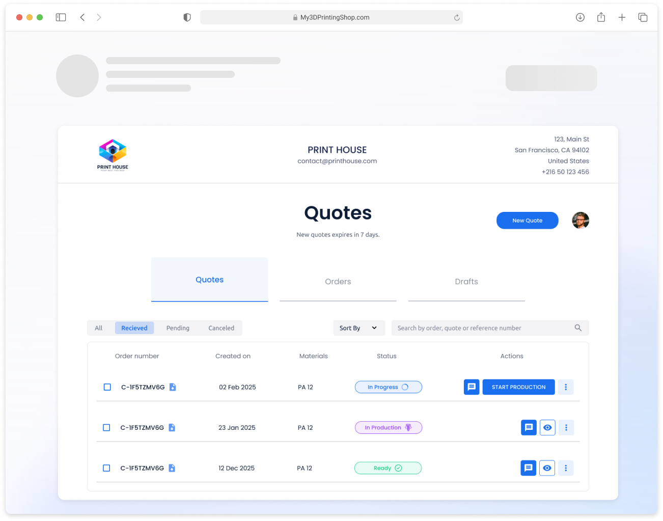 Customer portal listing quotes and their status