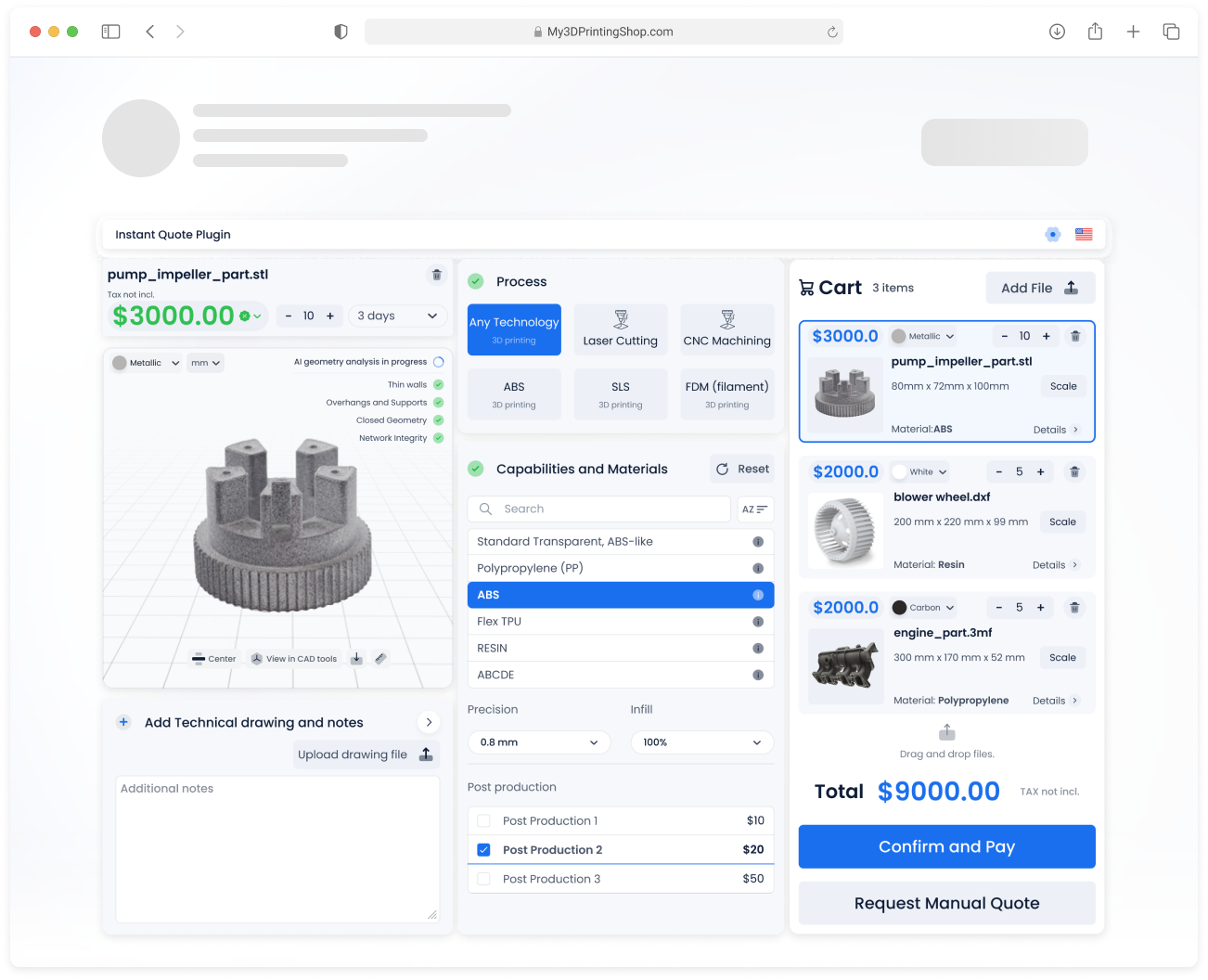 SeekMake instant quote widget: a part being analysed and priced, with material options and a cart